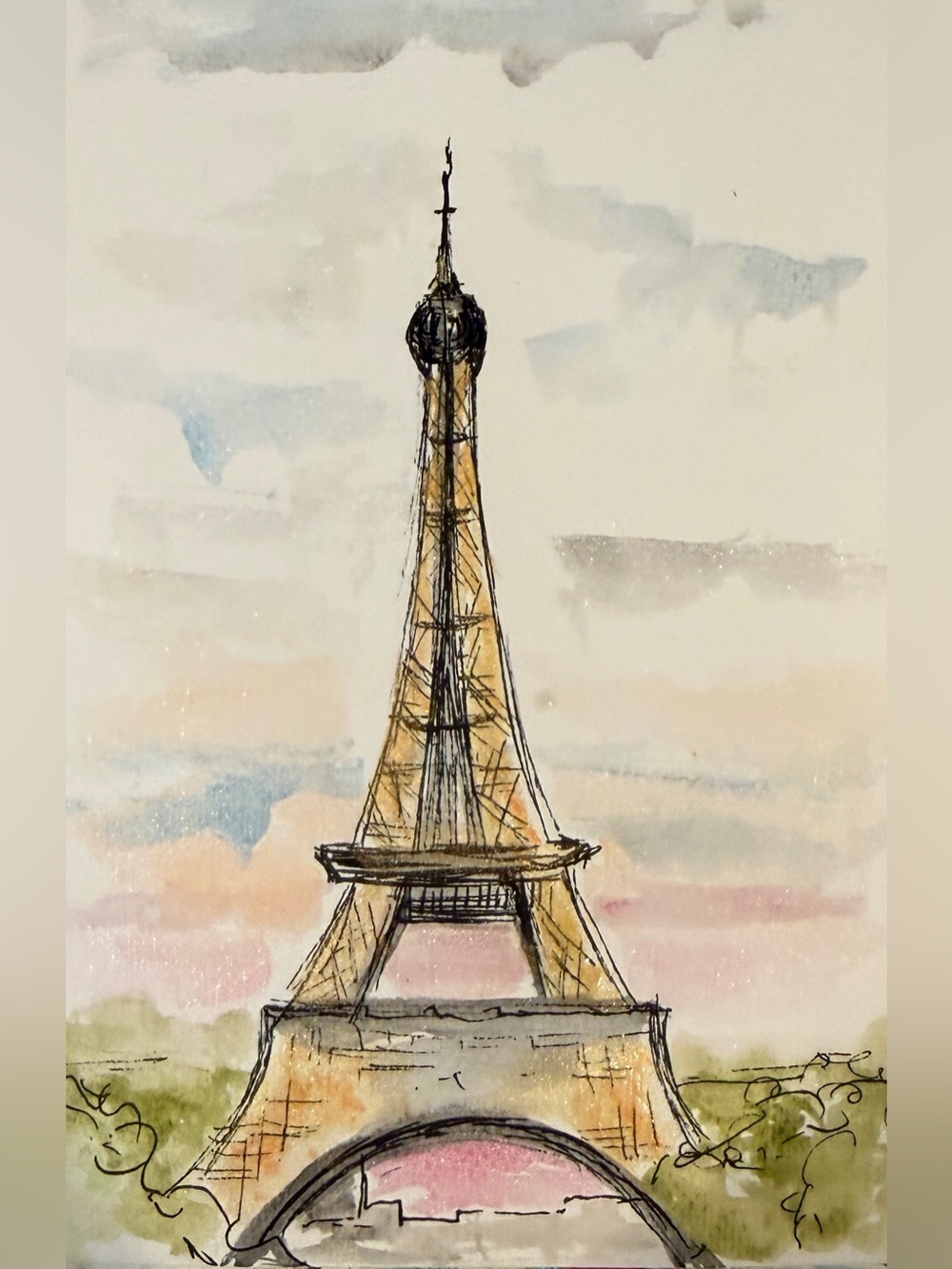 Watercolor Eiffel Tower Art lit up sparkle hand painted